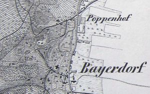 Der Ansitz über dem Dorf (heller Fleck) auf einem Plan. - 1835